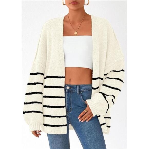 Womens Oversized Cardigan Sweaters Striped White Black - Picture 2 of 6